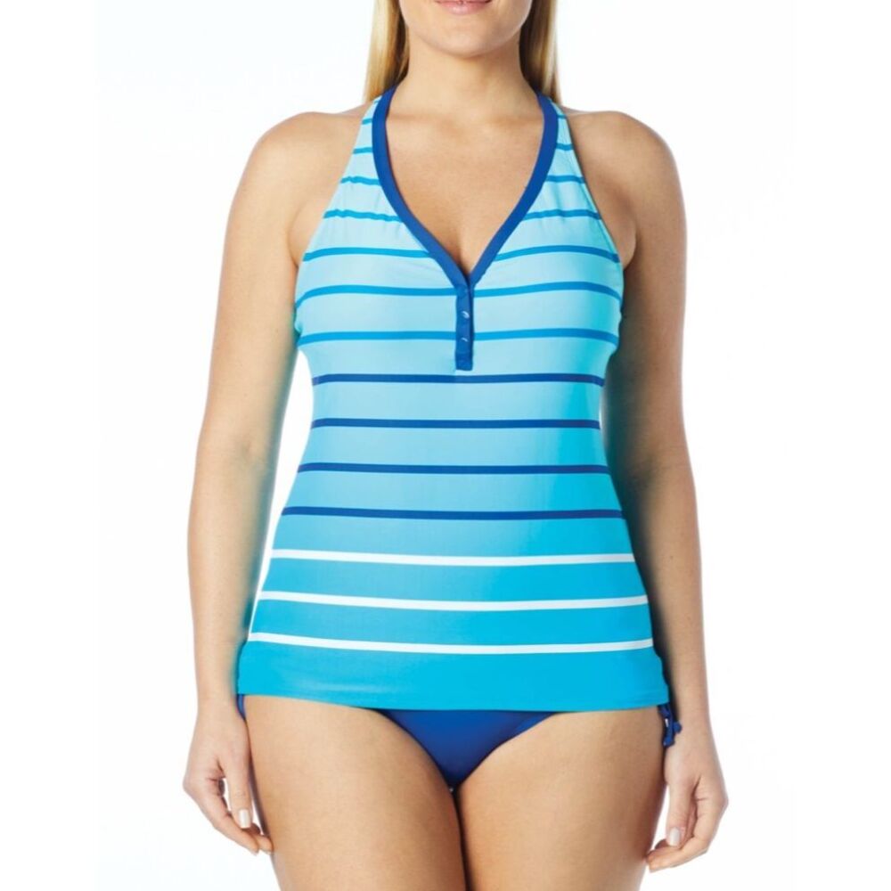Beach House Womens Stripe Tankini Top Ruched Shorts 2-Pc Swim Set Blue Size 8